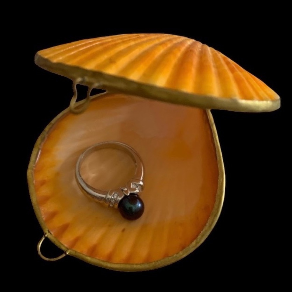 Twos Company Sea Shell Bright Orange Ring Holder Pill Box Trinket